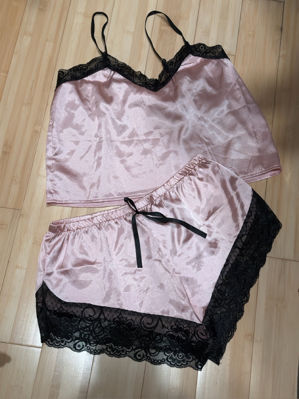 SHEIN Pink Satin Lace Trim Camisole & Shorts Sleep Set